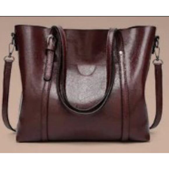 NWOT Elegant Faux Leather Tote with Removable Long Strap in Chocolate Brown - Picture 1 of 16